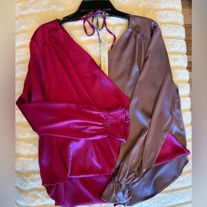 She + Sky Split Satin Surplice Top